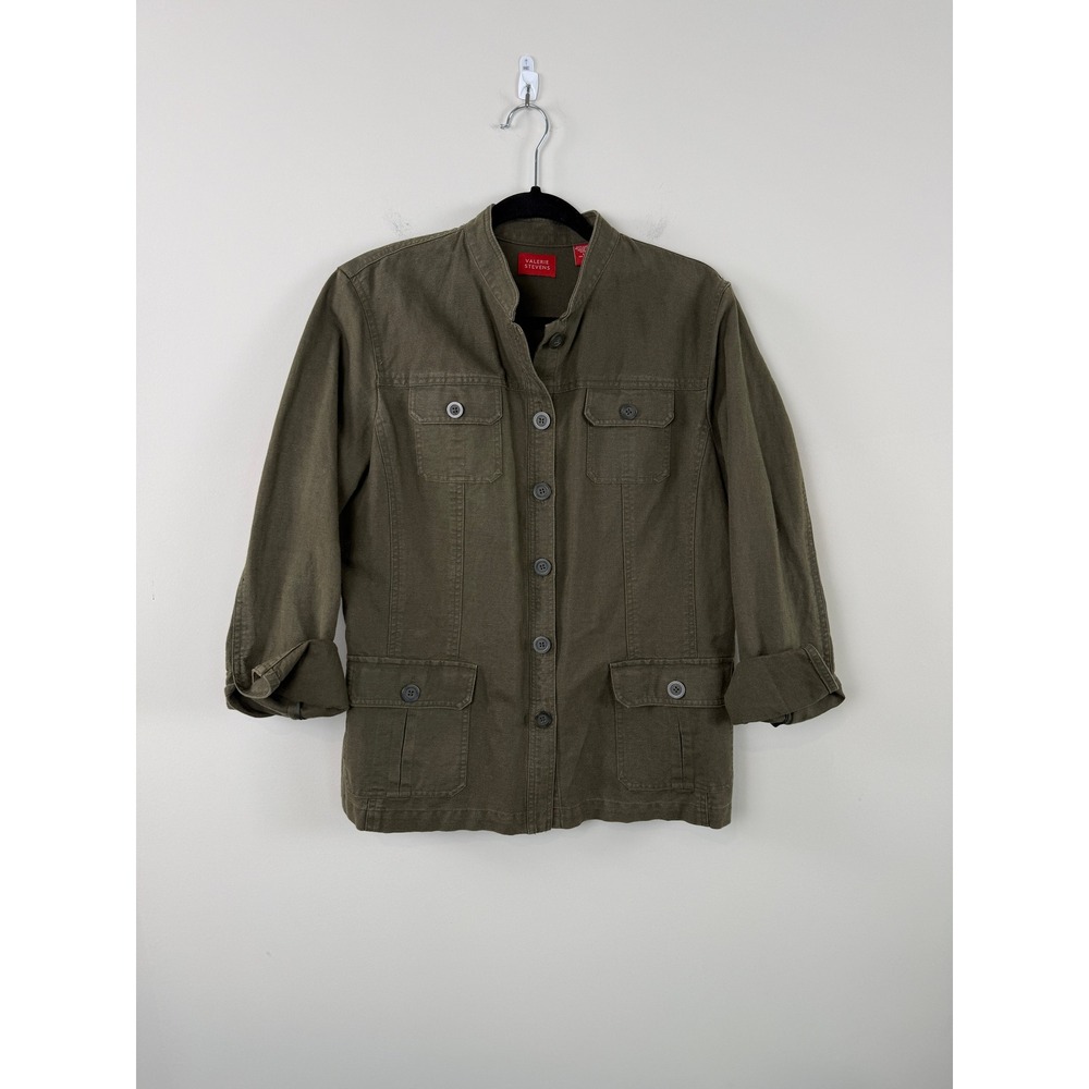 Vintage Valerie Stevens Jacket Olive Green Large Linen Blend Utility Safari Y2K